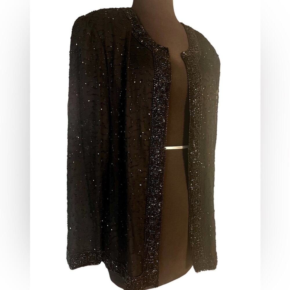 Vtg Laurence Kazar Black Silk Beaded Boho Glam MobWife Long Open Party Jacket M